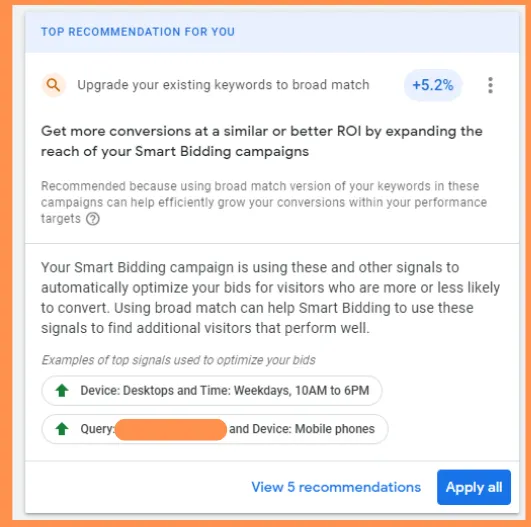 Google Ads Broad Match keyword recommendations