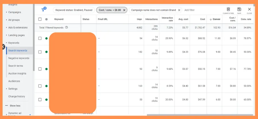 Keyword selection process for broad match showing filtered and sorted keywords