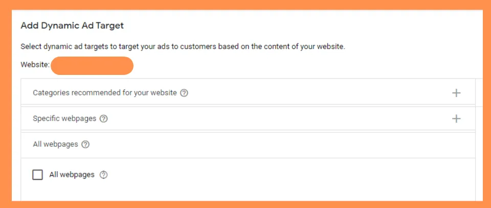 Dynamic Ad Target ranges showing webpage targeting options