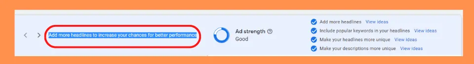 Google's built-in recommendations for improving Responsive Search Ad strength