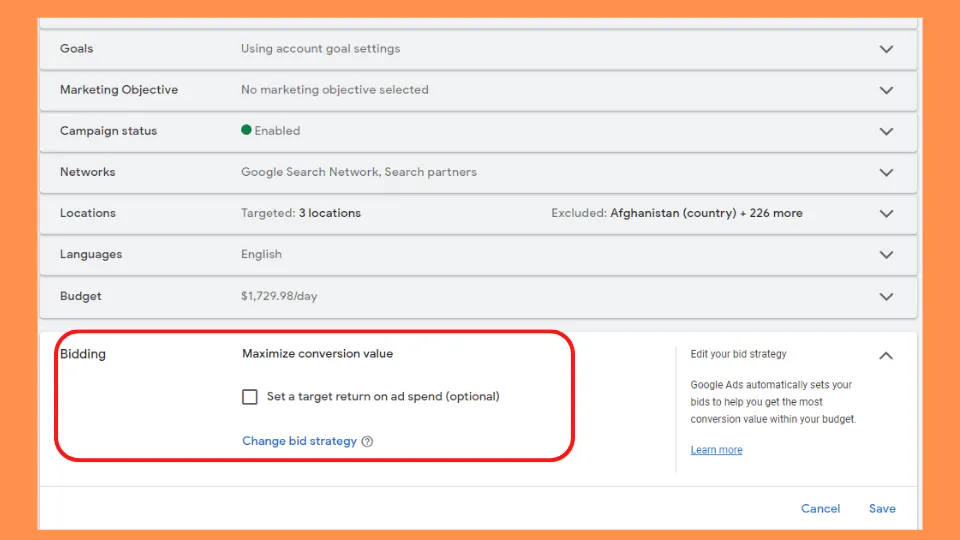 Max Conversion Value Bidding Strategy configuration