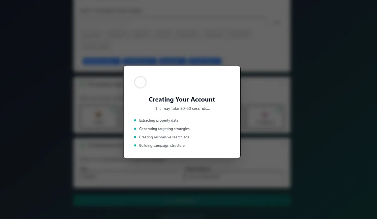 Account Builder generating — extracting property data, generating targeting strategies, creating RSAs, building campaign structure